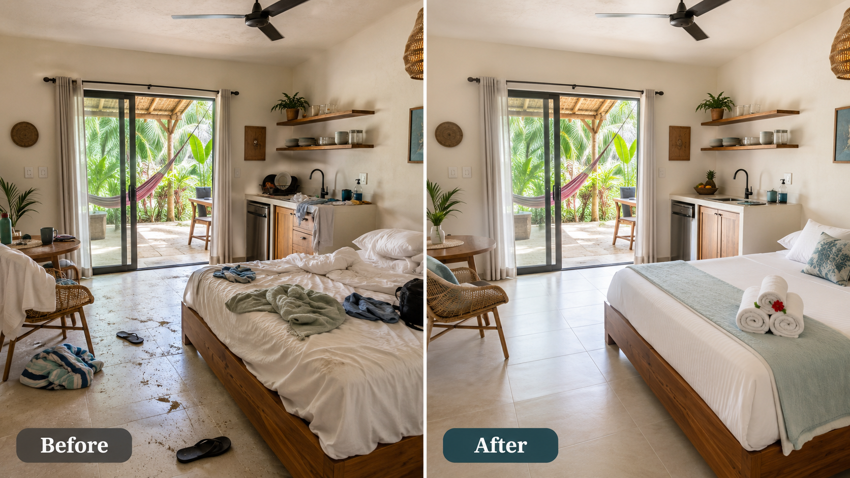 Guest-ready room before and after cleaning